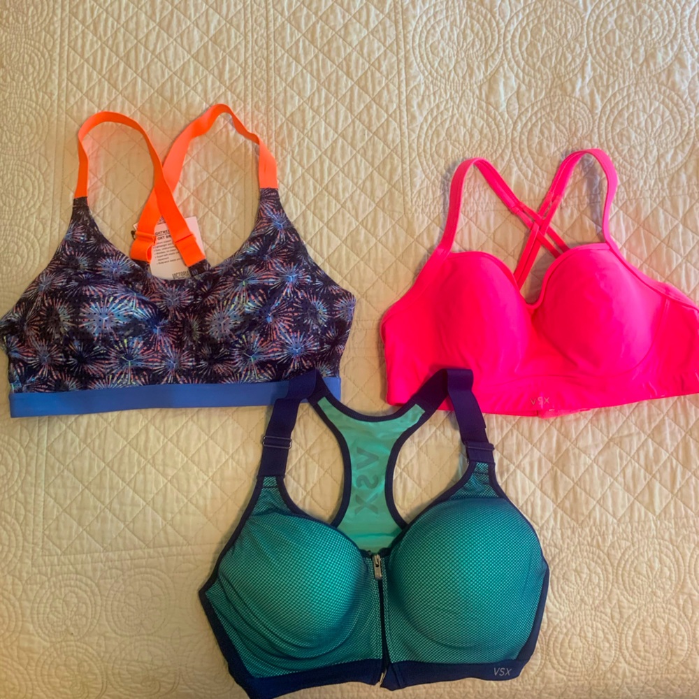Three. Victoria’s Secret sports bra. Size 36C
